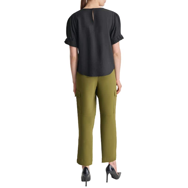 DKNY Roll-Sleeve Crinkle Crewneck Top