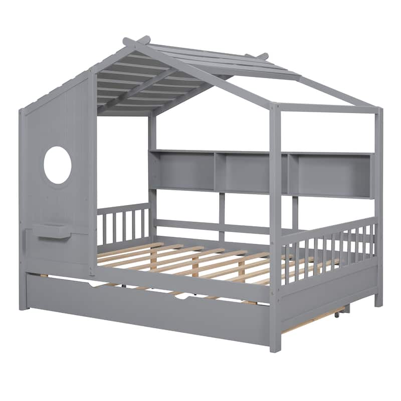 Wooden Twin Size House Bed with Trundle and Storage Shelves for Kids