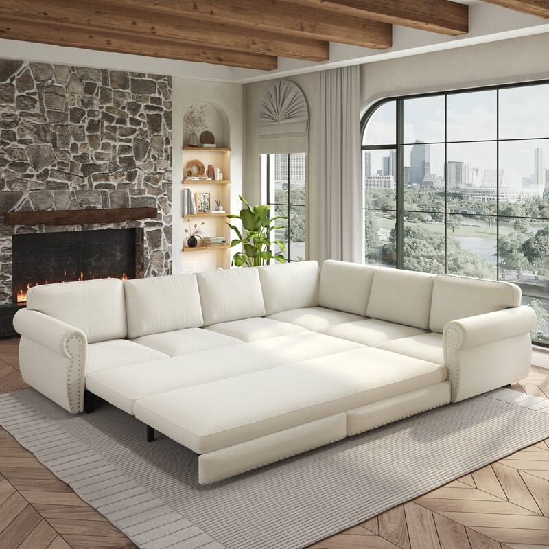L-Shaped Sofa Couch with Pull-Out Bed, Convertible Sleeper Sofa with Nailhead Trim & Rolled Arms, Chenille Upholstered Couch