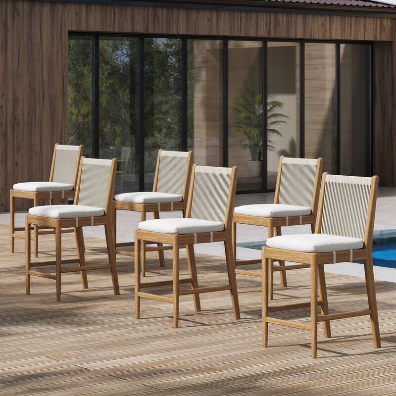 Kayden Outdoor Dining Chair or Bar Stool, Porch Chair with Solid Wood Acacia Wood Frame, Foam Cushion and Woven Rope Backrest - Counter Height Stool - Set of 6