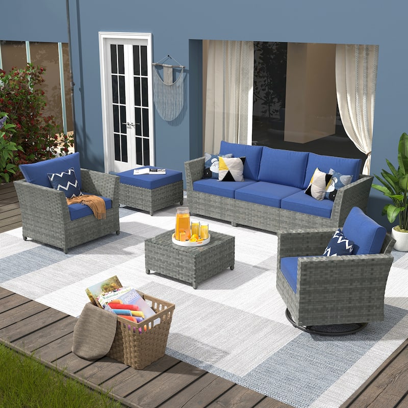 XIZZI 7-piece Outdoor Patio Furniture Wicker Conversation Set - Navy Blue