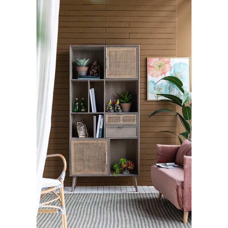 Modern Gray Cabinet with Woven Rattan Panels - Boho Storage Tower with Cubby Shelves for Any Room