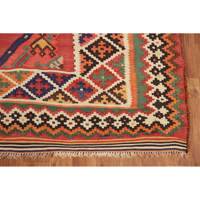 Orange Kilim Qashqai Persian Vintage Rug Flatweave Wool Carpet - 5'5"x 8'5"