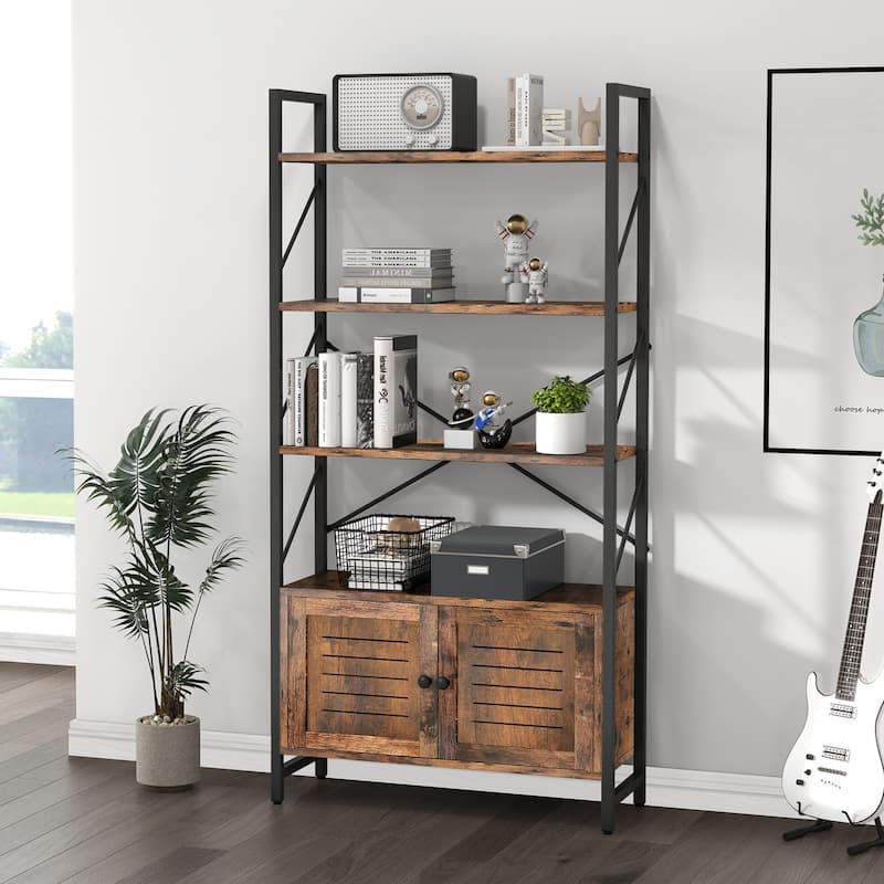 Moasis Industrial Bookshelf with 2 Doors 5-Tier Display Bookcase with Open Shelf