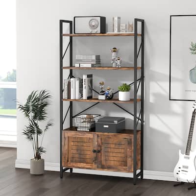 Moasis Industrial Bookshelf with 2 Doors 5-Tier Display Bookcase with Open Shelf