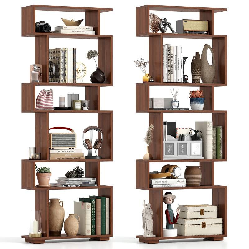Gymax 2PCS 6-Tier Bookshelf Geometric Bookcase w/ 2 Anti-Tipping Kits - Brown