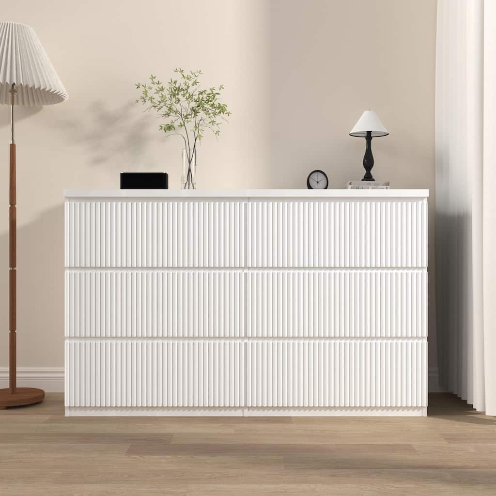 Modern 6-Drawer Wave-Patterned Dressing Table Handle-Less Storage Cabinets with Waterproof Countertop, for Bedroom