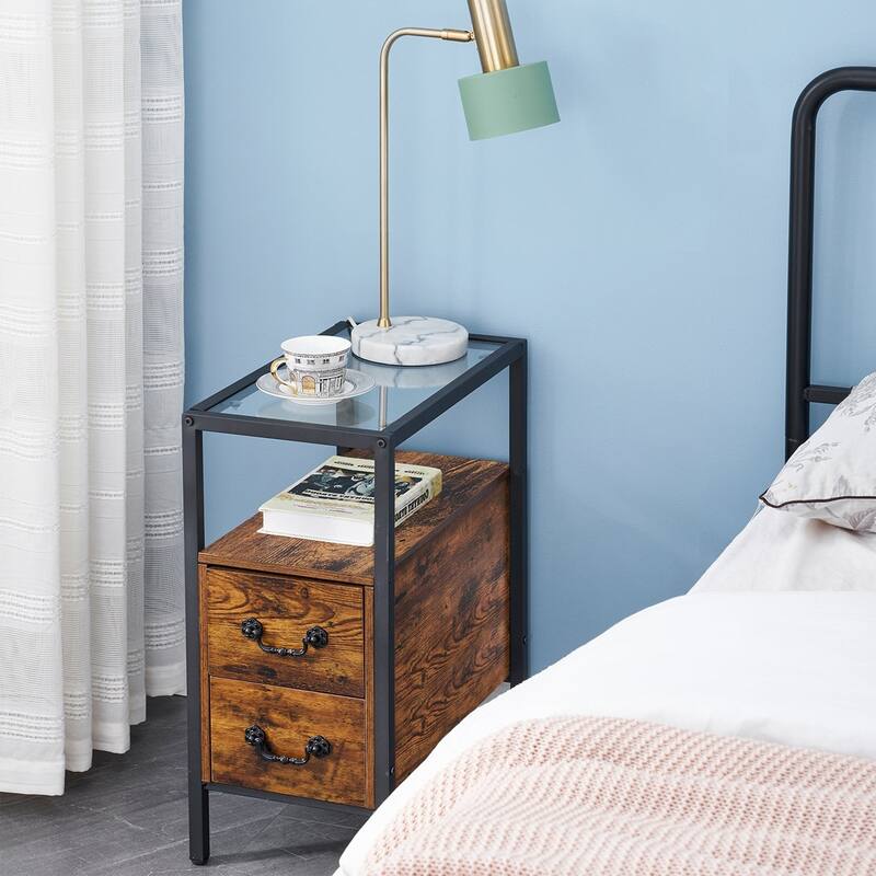 Industrial 2-Drawer Tempered Glass Narrow Nightstands /End Side Tables