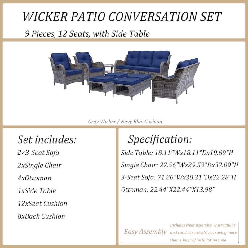 9 Piece Wicker Outdoor Patio Furniture Seating Sofa Conversation Sets