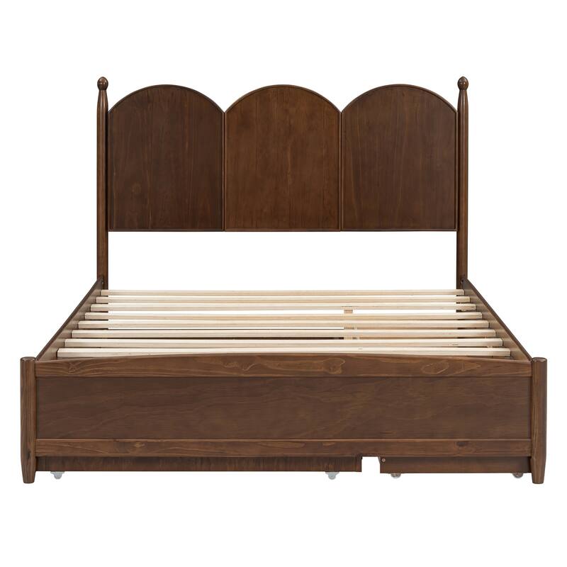 Rustic Wooden Platform Bed Frame with Twin XL Trundle & 2 Storage Drawers/Queen Size Bed Frame with Curved Headboard & Rounded