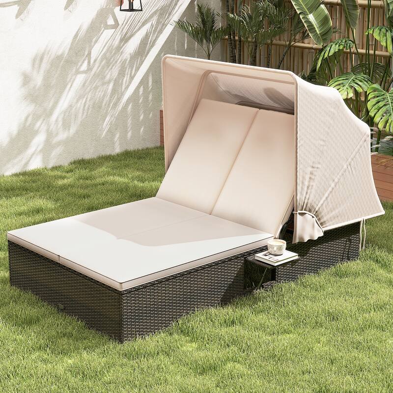 Gymax 2-person Rattan Lounge Bed w/ Retractable Canopy 5-position