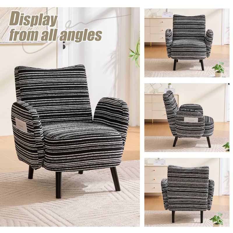 Modern style armchair with sanded fabric, Side storage pocket, Solid wood legs, Comfortable reading chair for living room