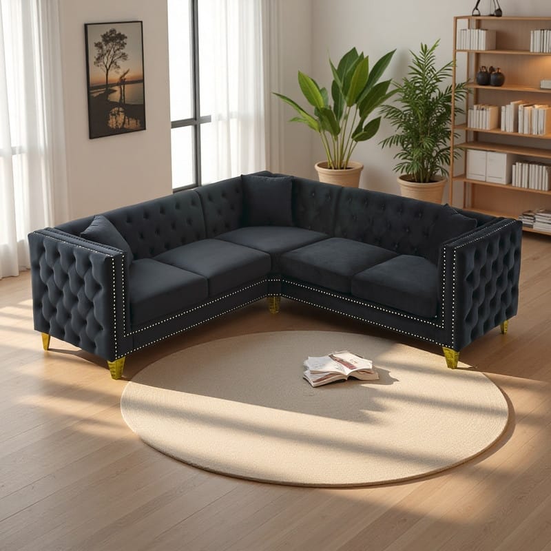 82.2" Velvet L-Shaped Sectional Sofa, 5-Seater Corner Couch with 3 Cushions