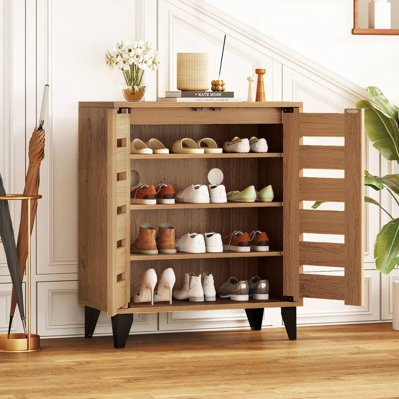 Gymax 2-Door Shoe Cabinet 4-Tier Farmhouse Shoe Organizer w/ Louvered