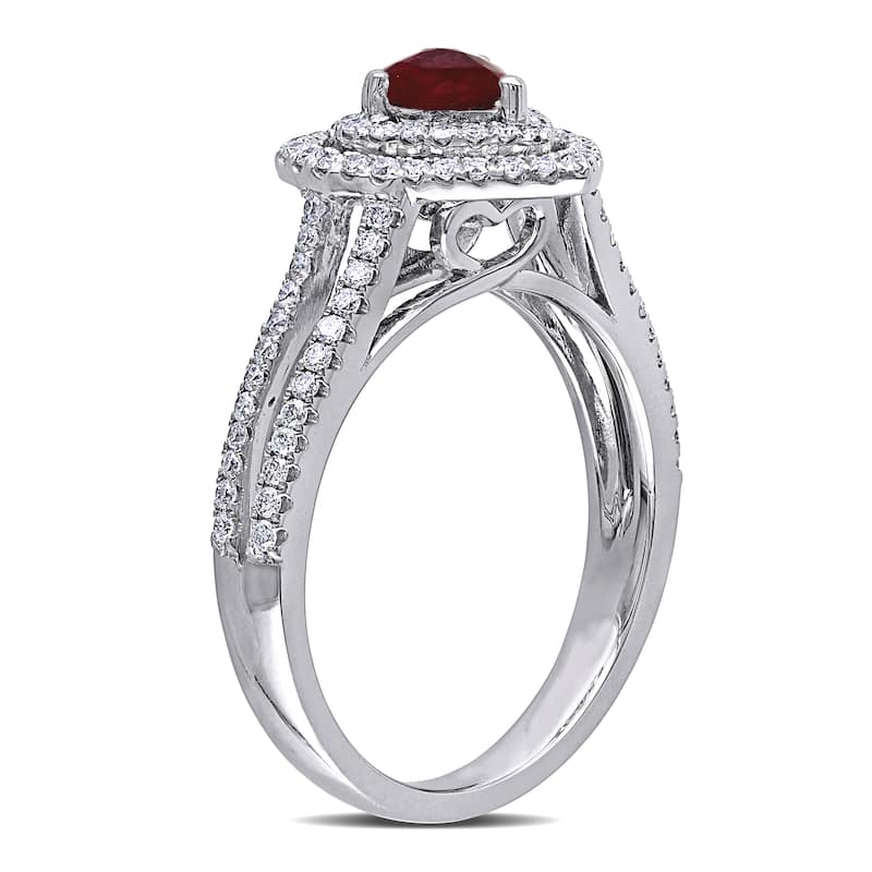 Miadora 14k White Gold Ruby and 3/8ct TDW Diamond Heart Double Halo Split Shank Engagement Ring