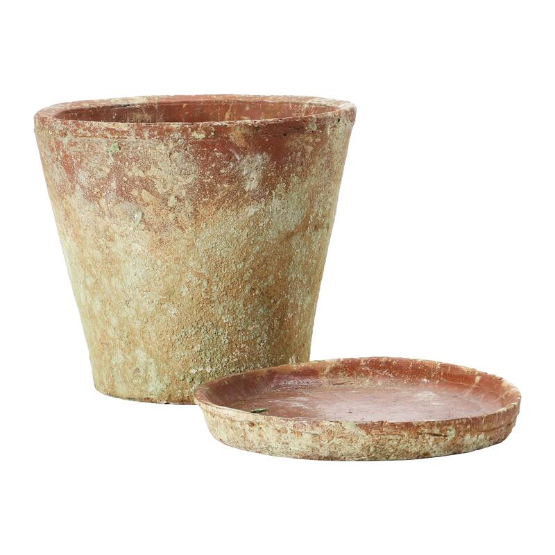 Cement Planter with Saucer, Distressed Terra-cotta Finish