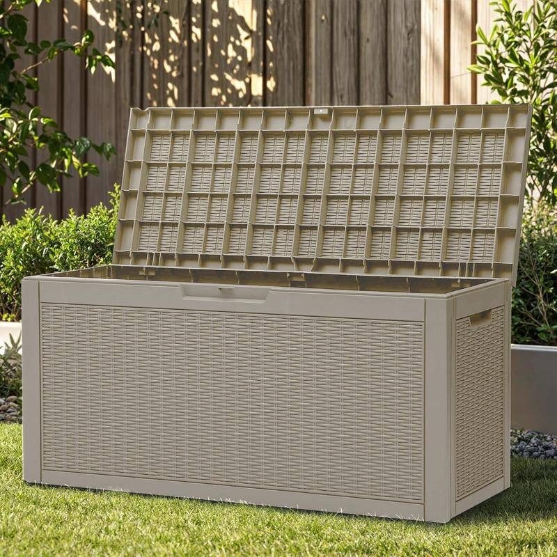 60-100 Gallon Outdoor Deck Storage Box with Lockable Lid, UV Protected & Weatherproof