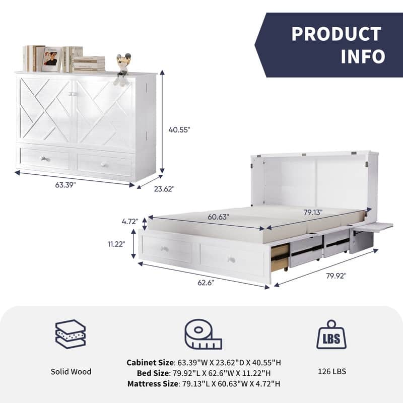 Mixoy Queen Size Murphy Bed Chest with Mattress and Storage