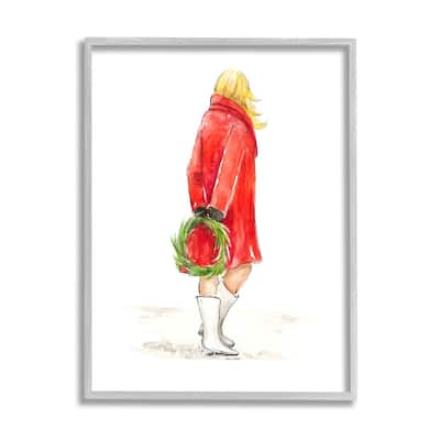 Stupell Glam Fashion Red Jacket Christmas Woman with Wreath Framed Wall Art