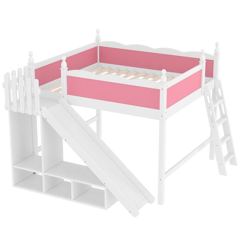 Fun Play Loft Bed for Kids with Open Shelves and Wardrobe, Solid Wood Storage Bed Frame with with Detachable Slide and Ladder