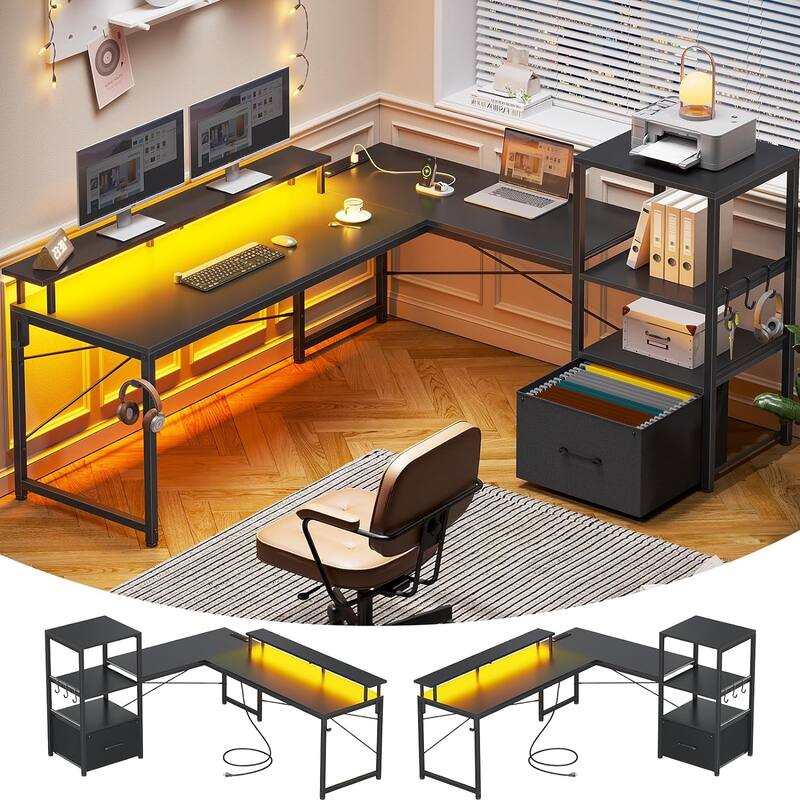51in Computer Office Desk Storage Shelves Drawer Power Outlets