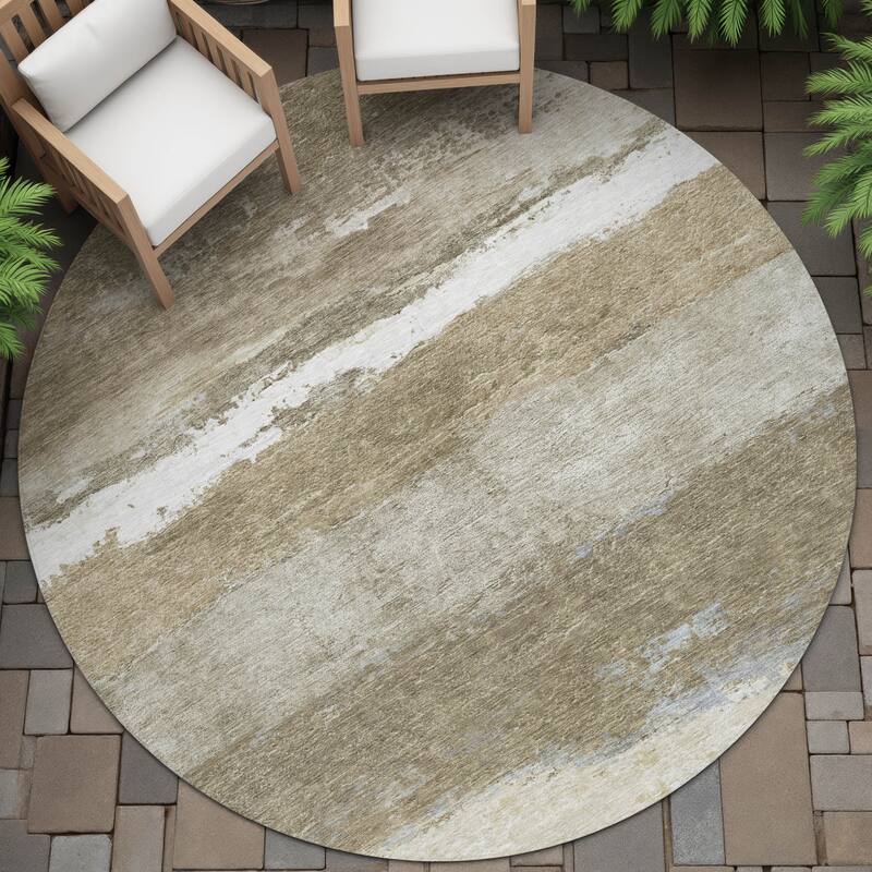 Machine Washable Indoor/Outdoor Watercolor Ombre Chantille Rug - Khaki - 8' x 8'