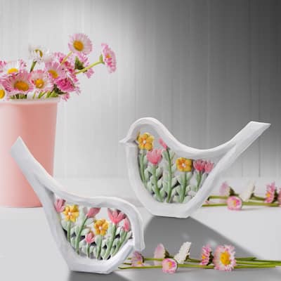 Resin Dove Silo W Flowers 6.5" Set of 2