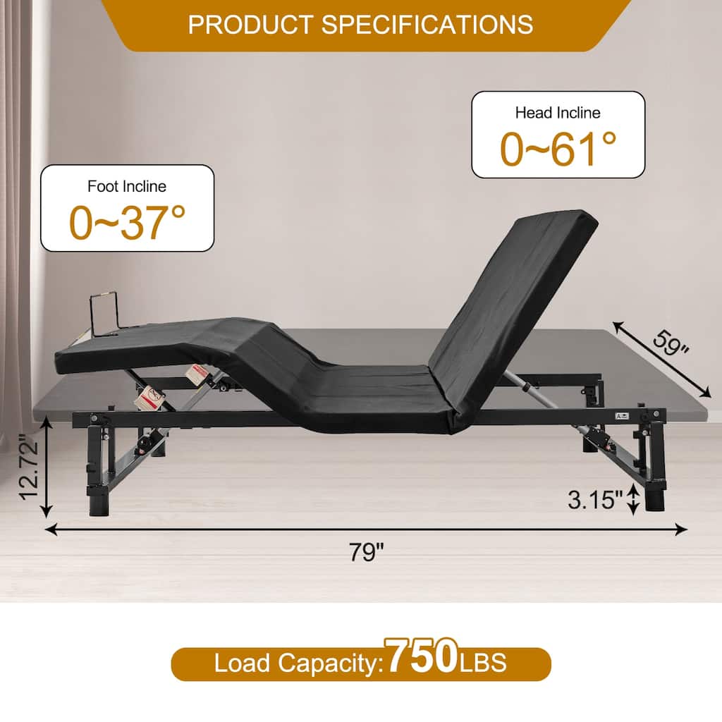 Adjustable Bed Base Frame Queen Bed Frame with Head and Foot Incline Wireless Remote 4 Ports USB, Under-Bed Nightlights