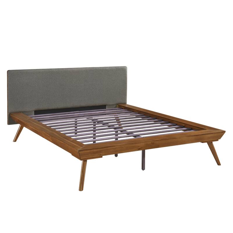 Full Size Platform Bed with Upholstered Headboard, Foam Cushion, Chestnut Wood Frame, No Box Spring Needed - Chestnut,Dark Gray