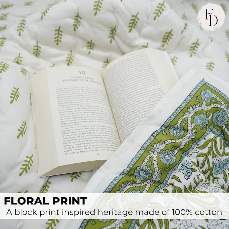 Fabdivine Luxury Hand Block Printed Cotton Quilt - Hand Stitched Thorny Stems Blue Green, Reversible Bedspread for Bedroom Décor