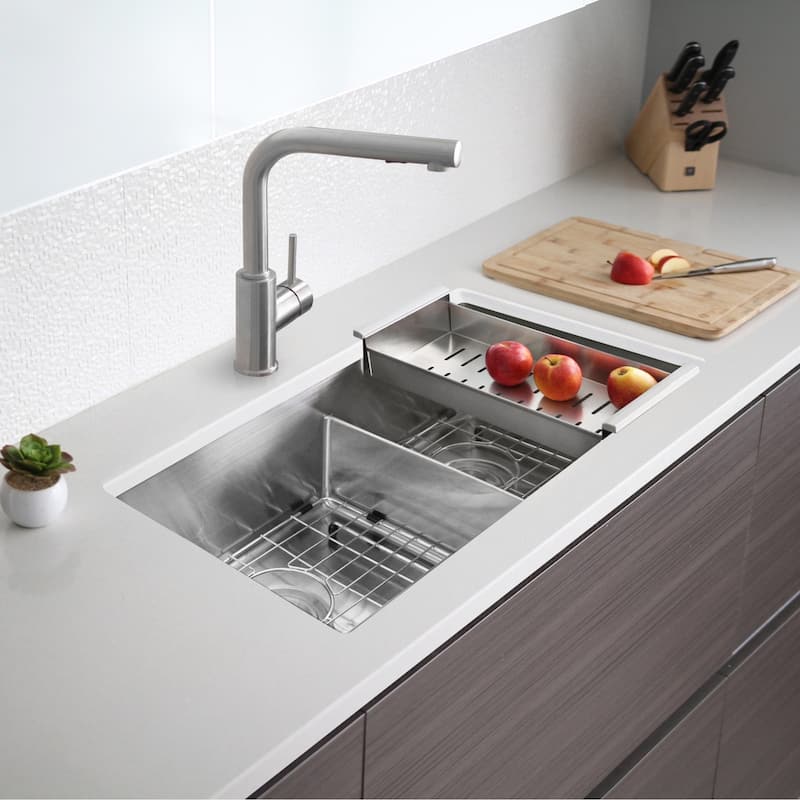 STYLISH 32 inch L x 18 inch W Stainless Steel Double Basin Low Divider Undermount Kitchen Sink with Grids and Strainers