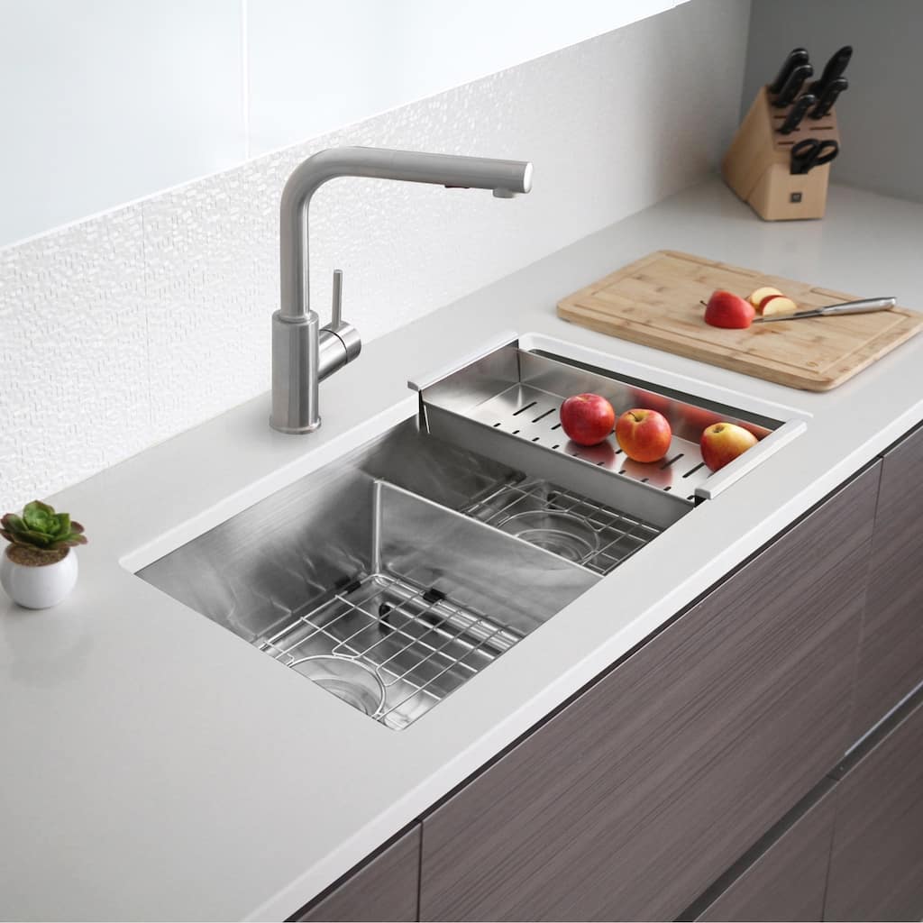 STYLISH 32 inch L x 18 inch W Stainless Steel Double Basin Low Divider Undermount Kitchen Sink with Grids and Strainers