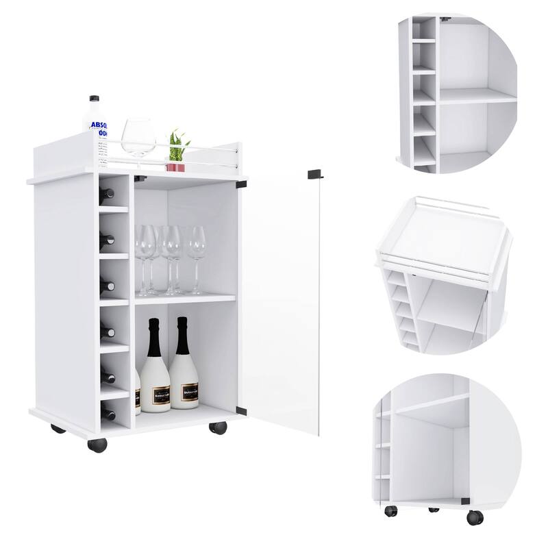 Stylish White Bar Cart with Glass Door, Two Shelves, Six Liquor Bottle Cubbies, and Locking Casters
