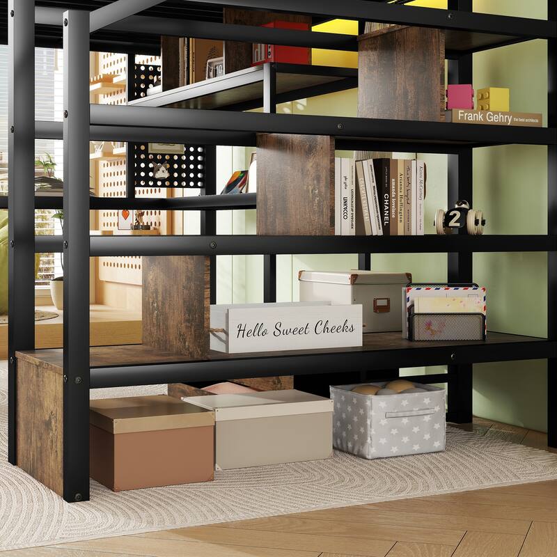 Full Size Metal Loft Bed with LED Lighting and Charging Station, Built-In Desk and Pegboard, Staircase Storage Wardrobe