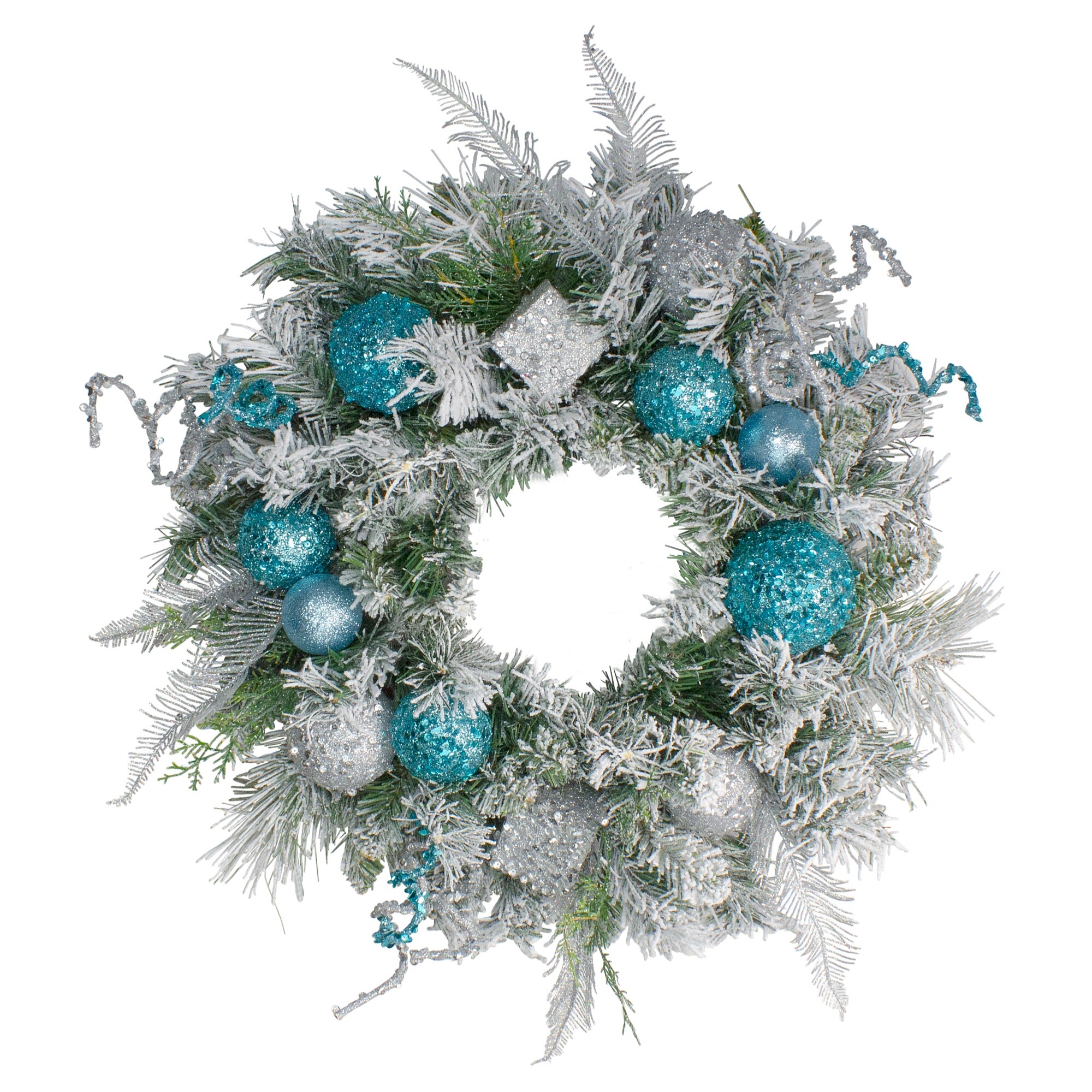 Shop Flocked Pine With Teal And Silver Sequin Ornaments Artificial
