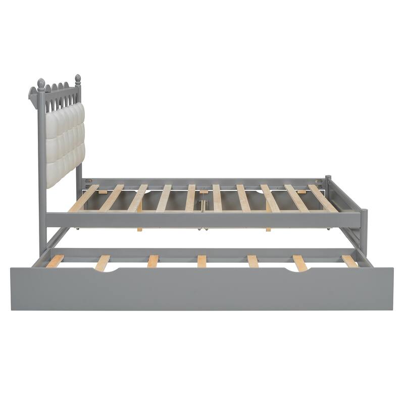 Queen Size Wood Storage Platform Bed with Twin-XL Trundle and Built-In USB Charging and 750lb Capacity