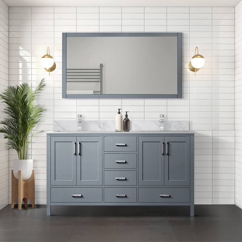 Jacques 60 in. W x 22 in. D Dark Grey Double Bath Vanity, Carrara Marble Top, Faucet Set, and 58 in. Mirror