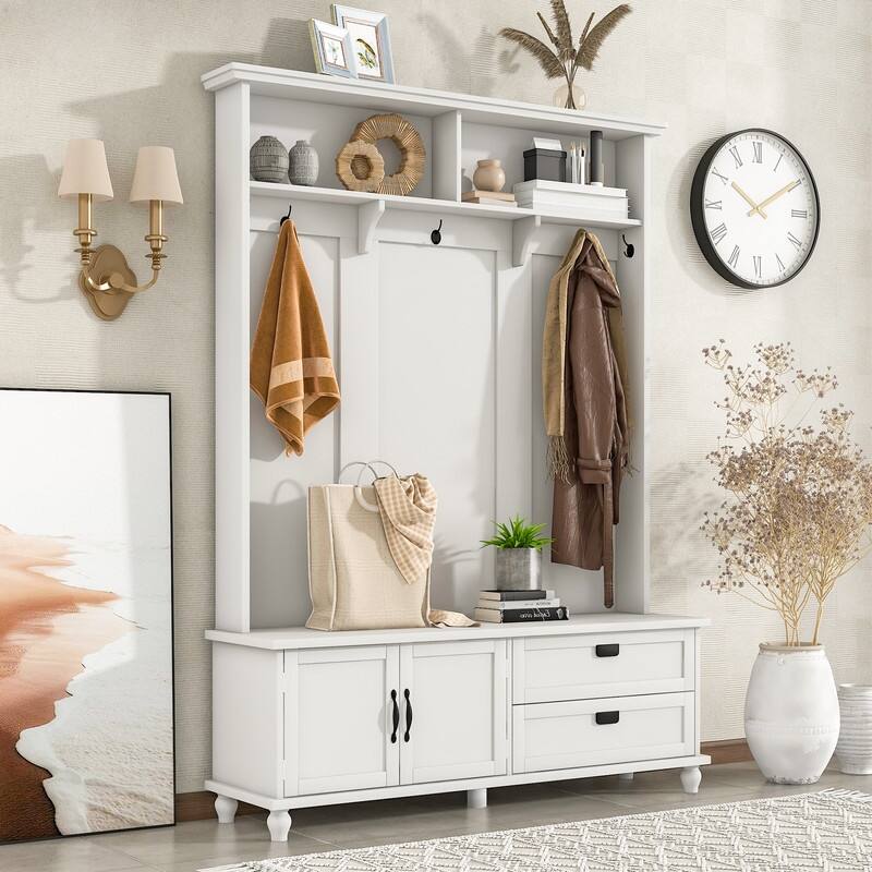 59"W Hall Tree Bench with 5 Coat Hooks,Storage Cabinet and 2 Large Drawers