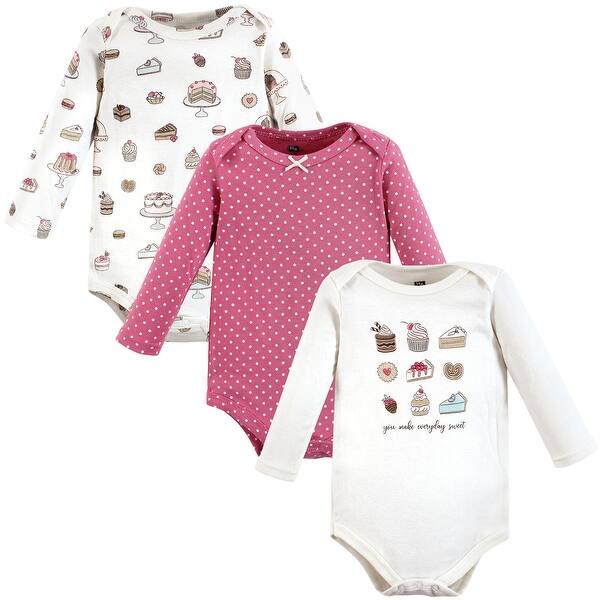 slide 1 of 1, Hudson Baby Infant Girl Cotton Long-Sleeve Bodysuits, Sweet Bakery 3-Pack 9-12 Months - Sweet Bakery 3-Pack