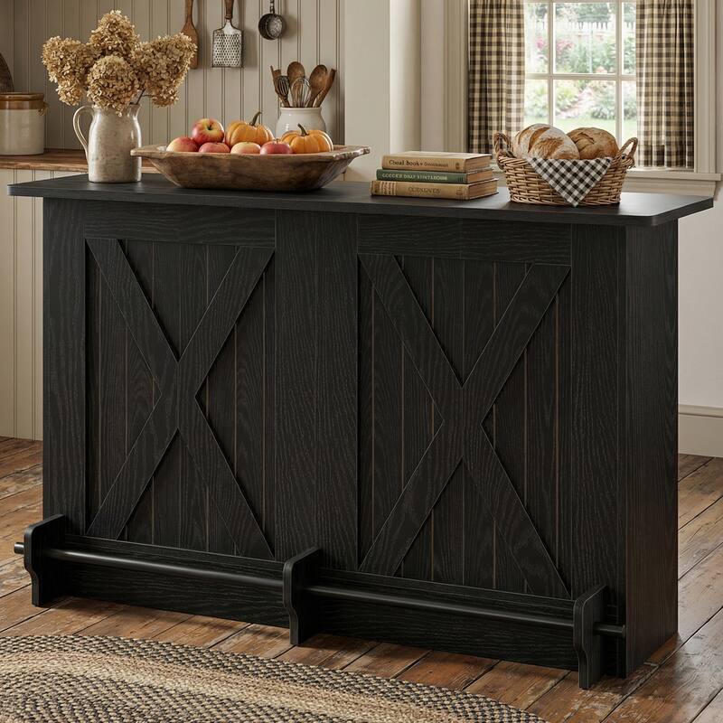 63-Inch 2-Tier Bar Table with Footrest, Modern Coffee Cabinet - Black