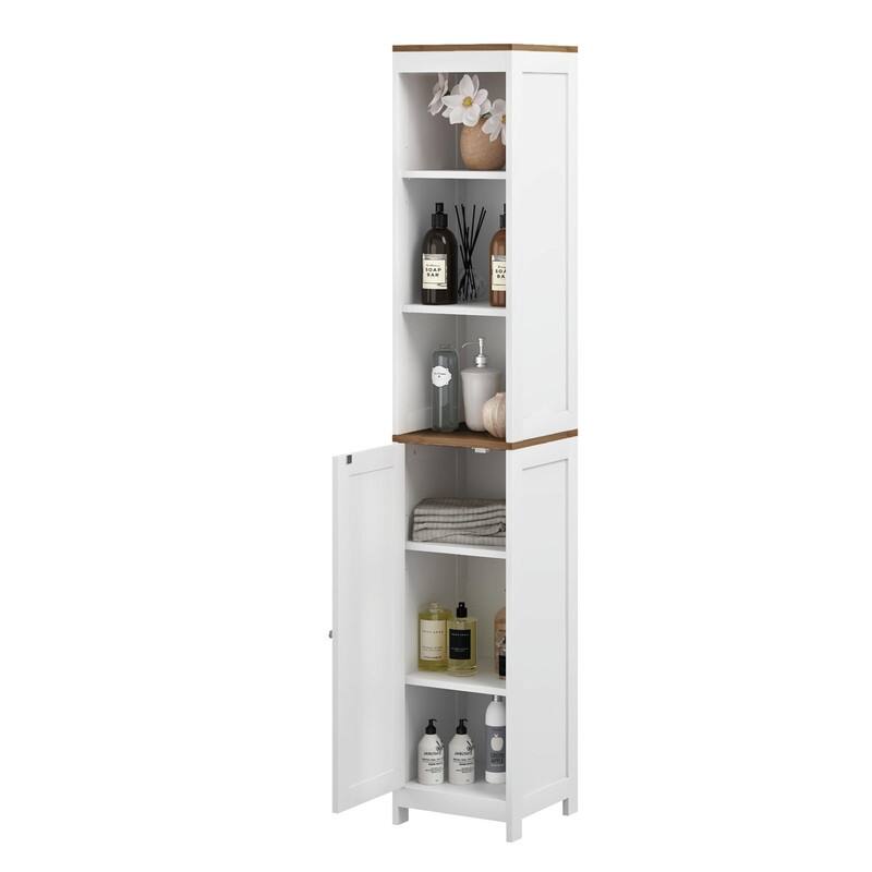 Tall Bathroom Storage Cabinet with Reversible Door, Freestanding Narrow Linen Tower with Open Shelves and Enclosed Cabinet