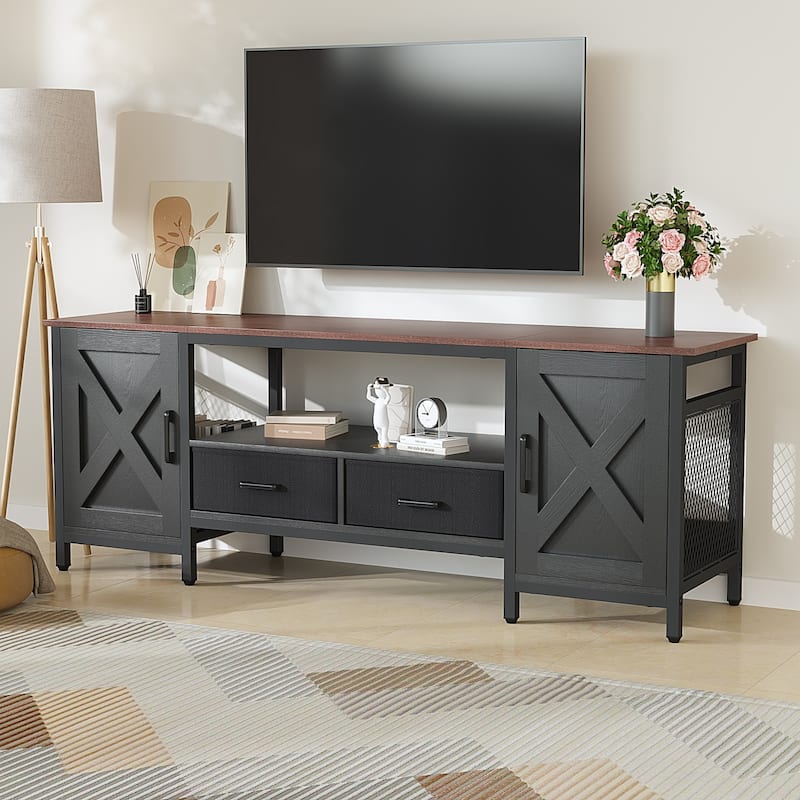 Farmhouse TV Stand for up to 65" TV with Storage Cabinets and Drawers - Black/Brown