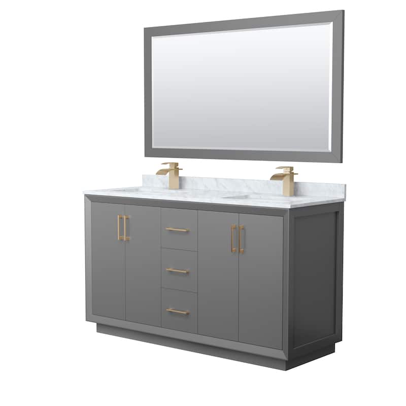Strada 60-Inch Double Vanity Set, Carrara Marble Top, 58-Inch Mirror - Dark Gray, Bronze Trim, Carrara Marble Top