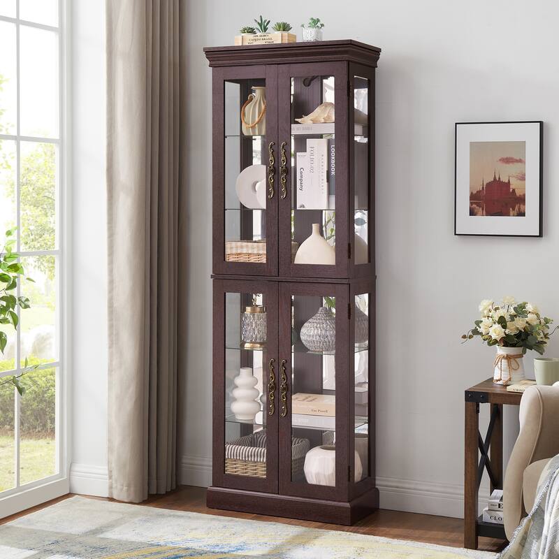Lighted Curio Display Cabinet, Floor Standing Wooden China Cabinet with Mirrored Back Pane, 4 Glass Doors & Adjustable Shelves