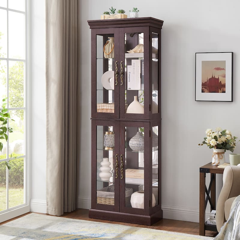 Lighted Glass Curio Display Cabinet,Display Cabinet,Glass Storage Cabinet Glass Wine cabinet Wood Frame Toy Display - Cherry