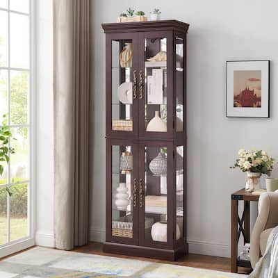 Lighted Glass Curio Display Cabinet with Adjustable Shelves & Bulb