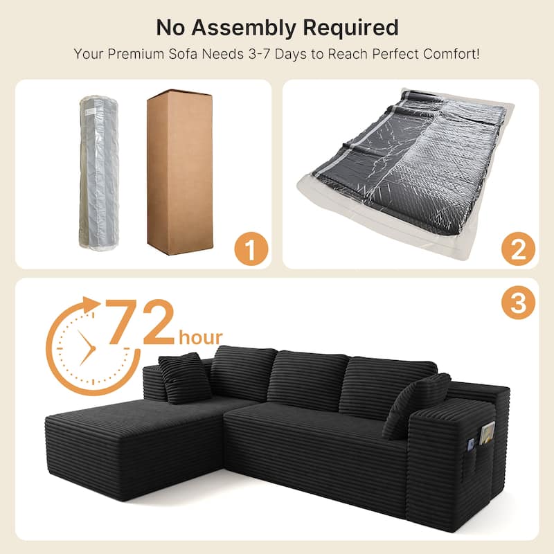 105" Cloud Sectional Couch with L-Shape Chaise, Modular Boneless Sofa, Upholstered Corduroy Couch