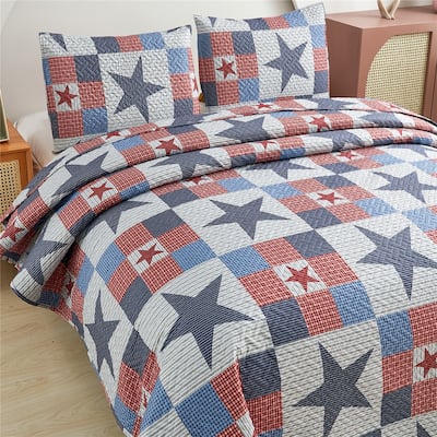 Patriotic Quilt Set Americana Stars and Plaid Patchwork Coverlet with 2 Shams