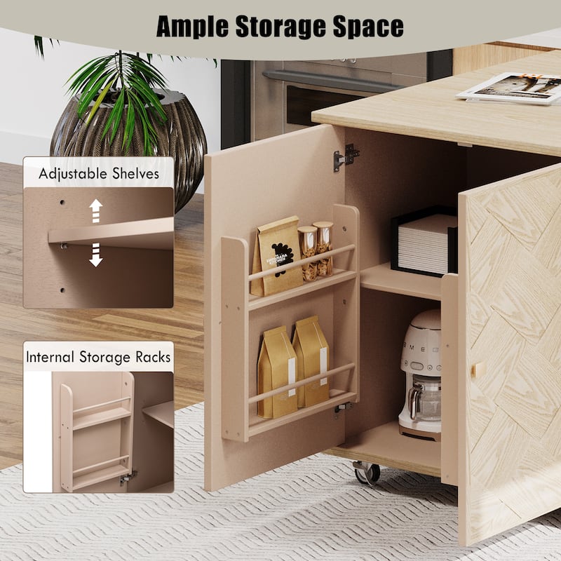 Modern 51.2" Kitchen Island with Drop Leaf and Handwoven Ash Veneer Doors, Internal Storage Racks on Wheels