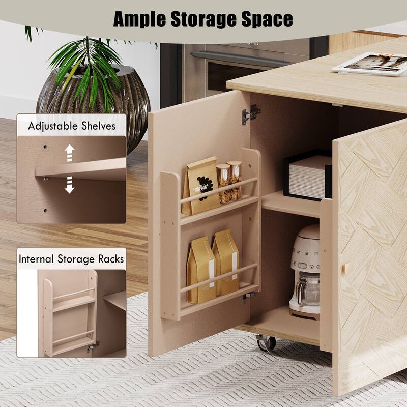 Solid Wood Rolling Storage Cabinet, Handwoven Kitchen Island with Folding Board and Internal Storage Rack for Dinning Room